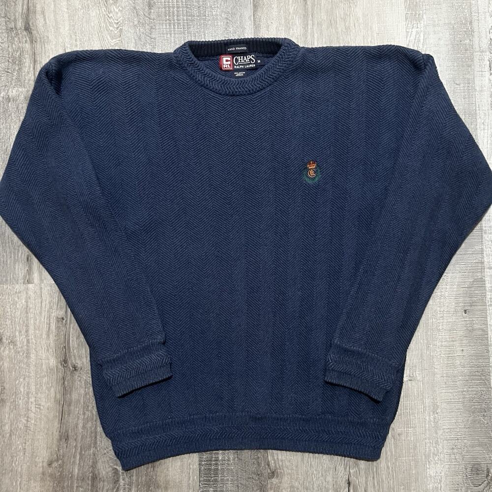 VTG Chaps Ralph Lauren Blue Hand Framed Knit Pull Over Sweater Size Medium